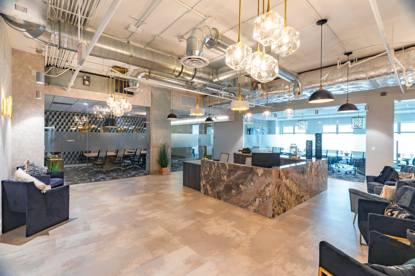 Reception and lounge at Quest Workspaces 121 Alhambra, Coral Gables
